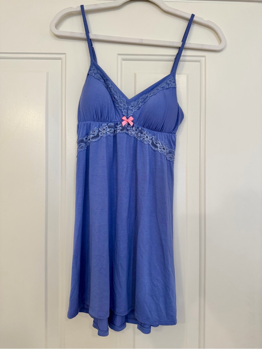 Victoria's Secret Periwinkle Lace-Trim Chemise with Pink Bow